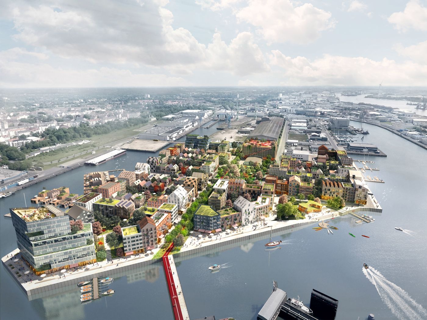 Computergenerierte Darstellung eines Bauvorhabens am Wasser.