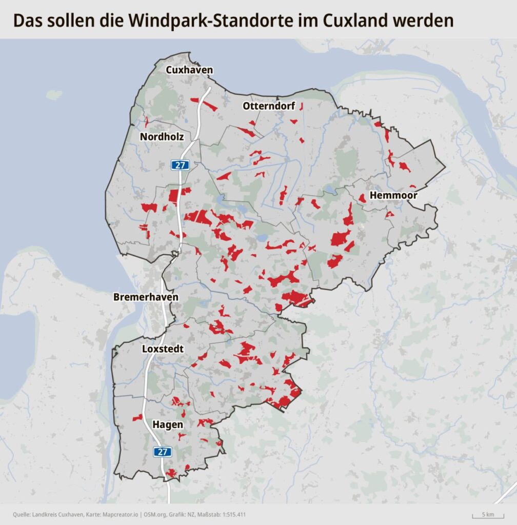 Gaplante Windkraft-Standorte im Landkreis Cuxhaven. Auf der Webseite des Landkreises unter https://www.landkreis-cuxhaven.de/Themenbereiche/Bauen-Planen/Regionalplanung/Teilschritte-Sachliches-Teilprogramm-Windenergie/ kann man die Karte so vergrößern, dass man genau sieht, wo die Parks geplant sind.