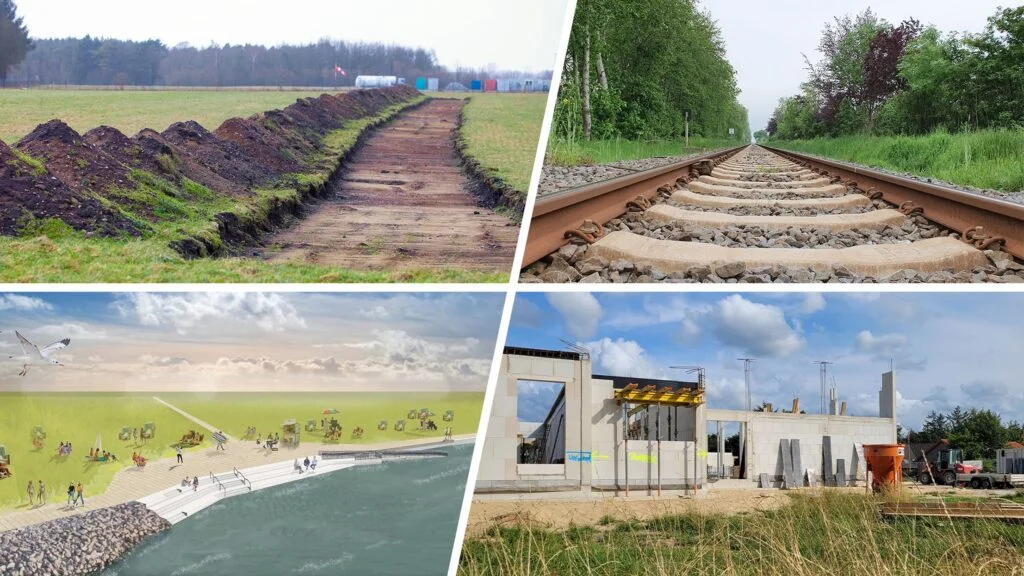 Vier Beispiele für die rege Investitionstätigkeit der Gemeinde Wurster Nordseeküste: vorbereitende Arbeiten für die Erweiterung des Industriegebietes Wanhöden (oben links, im Uhrzeigersinn), die Bahnschienen in Spieka, an denen ein neuer Bahnhalt entsteht, die Baustelle für das neue Feuerwehrhaus der Wehren Nordholz und Deichsende sowie eine Visualisierung der neuen Strandpromenade in Dorum-Neufeld.