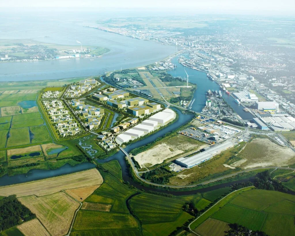 So soll das 150 Hektar große Gewerbegebiet „Lunedelta“ (links im Bild) im Süden Bremerhavens einmal aussehen.