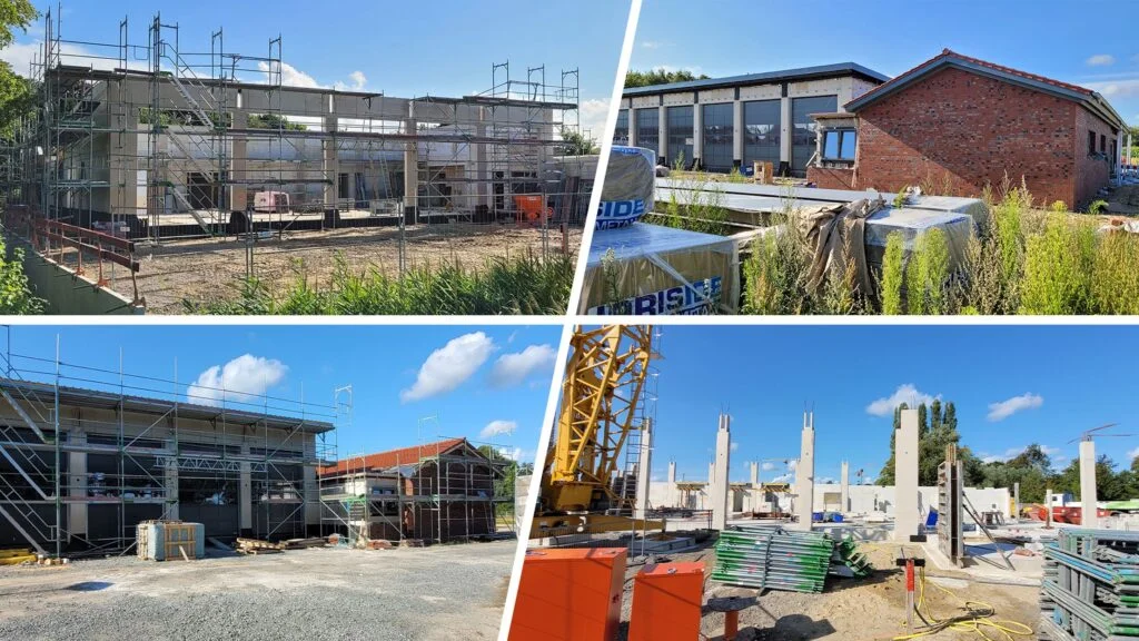 Die Baufortschritte der vier neuen Feuerwehrhäuser in der Gemeinde Wurster Nordseeküste (von oben links, im Uhrzeigersinn): Wremen, Nordholz/Deichsende, Dorum und Midlum.