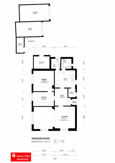 Siedlungshaus mit Anbau, 2 Garagen und 1 Carport - Grundriss Erdgeschoss (80545)